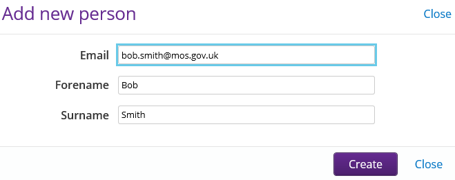 The person's details will be broken down into email, forename and surname. Check and create.
