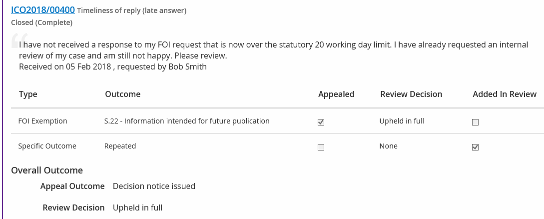 ICO Appeal decision on the original FOI case type