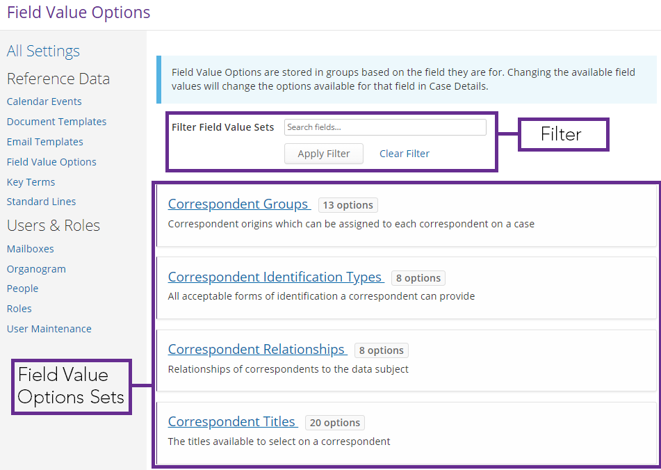 Field Value Options screen