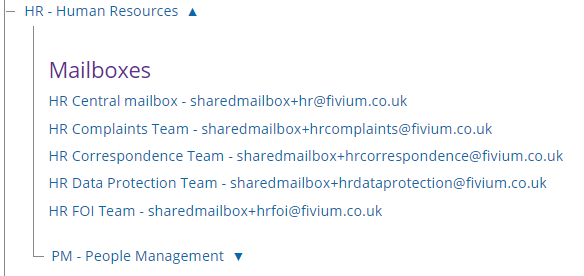 email configuration set up at the Human Resources team level