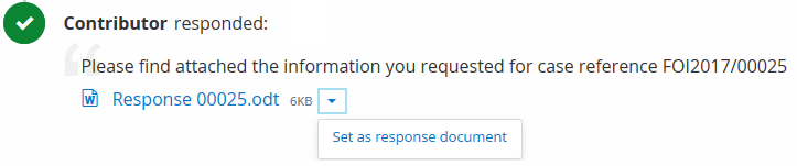 Contribution document showing the set as response document drop down link