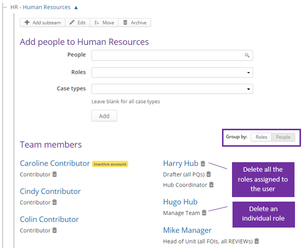 Delete an individual role from a user account or delete a person from a team