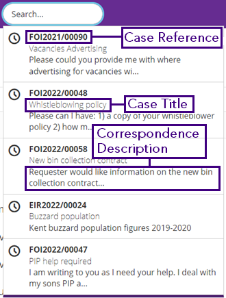 Last five cases shown on the Search drop-down