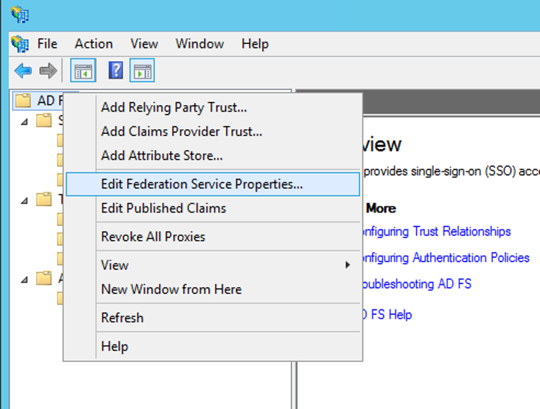 Get the Federation Service Identifier value by clicking on the Edit Federation Service properties link