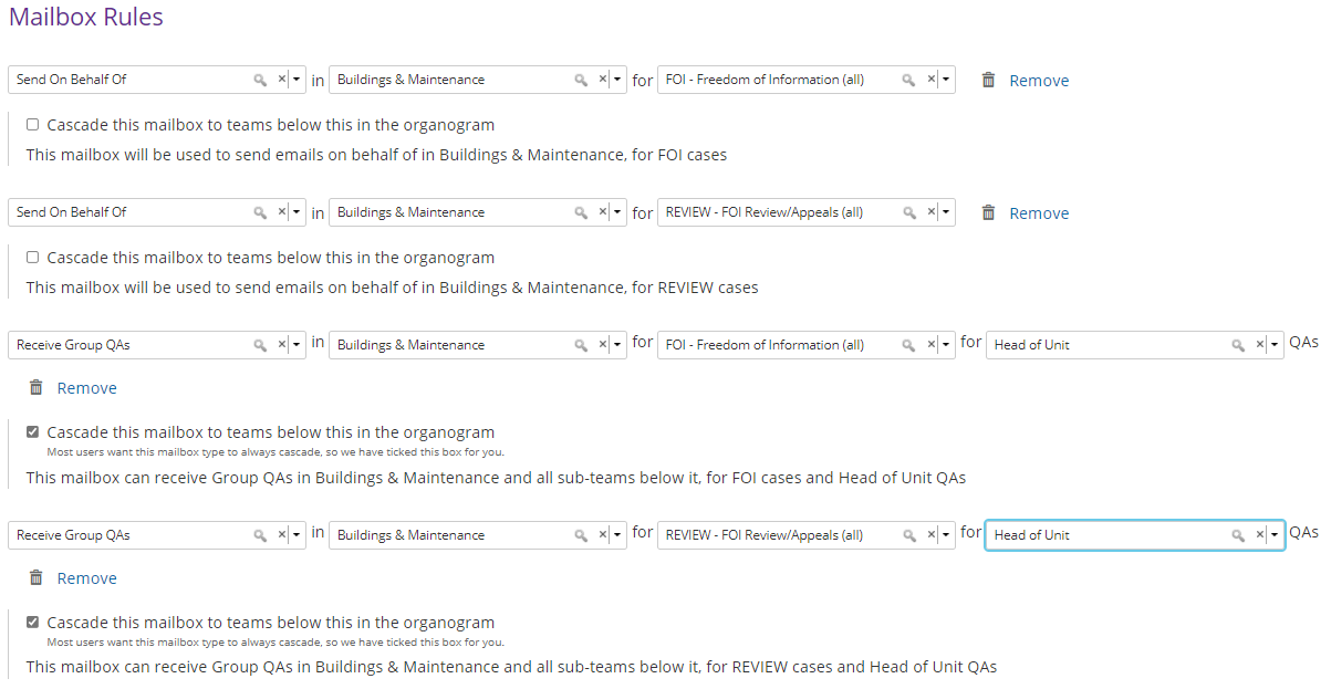 Examples of mailbox rules set up for the team, specific case types and QA types