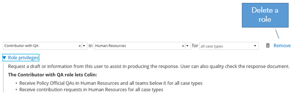 Select the Remove link to delete a role from a users account