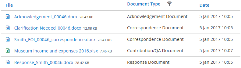 Document types stored in the document section of eCase