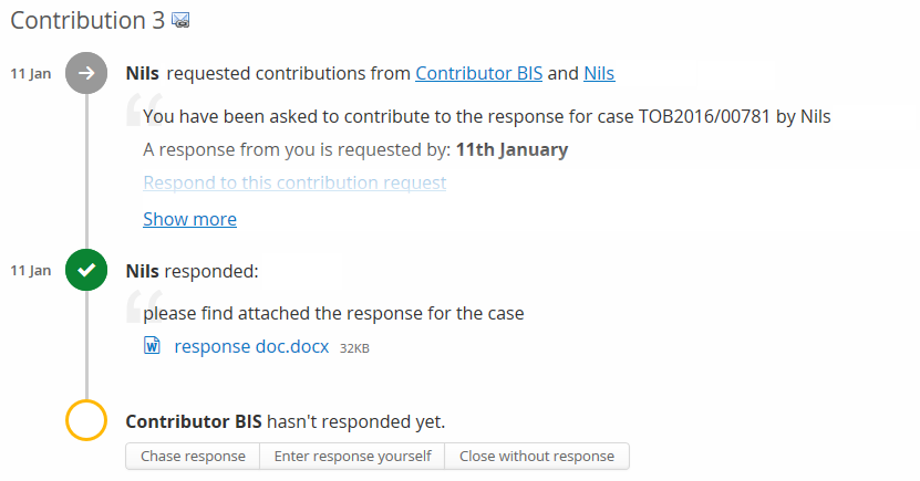 A contribution entry for multiple contributors. One contributor has completed, the other hasn't responded yet.