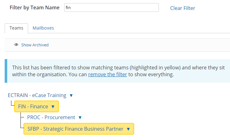 Enter part of all of the team name to view the results in a smaller organisation structure.