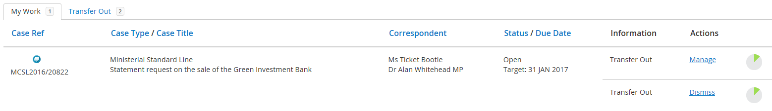 My work tab showing transfer out manage and dismiss links